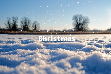 Wall Mural - The image shows a snowy landscape with a blue sky and snowflakes The focus is on the snow in the foreground which is covered in a layer of fresh sparkling