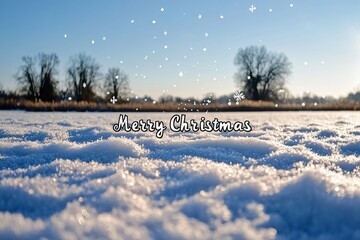 Wall Mural - the image shows a snowy field with a light blue sky and snowflakes falling there are trees in the ba