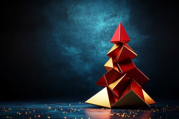 Wall Mural - the image is a dark minimalist scene featuring a red and gold abstract geometric christmas tree-like