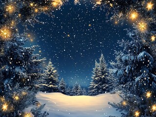 the image shows a snowy forest at night the snow-covered trees are silhouetted against a dark blue s