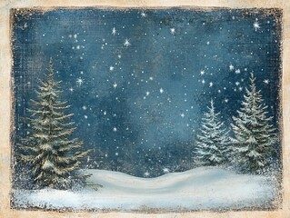 Wall Mural - the image depicts a winter scene with two pine trees on a snowy landscape against a blue sky with wh