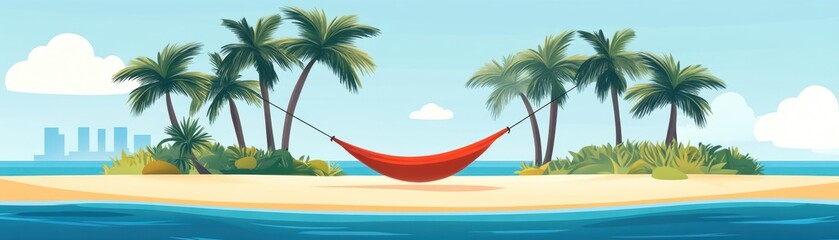 Relaxing hammock on a tropical beach with palm trees and calm ocean waters.