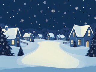 Wall Mural - the scene is a snowy nighttime winter village the sky is dark blue with falling snow the ground is c