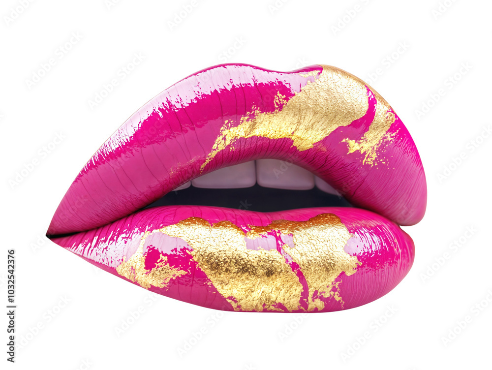 Open female mouth with pink lips with gold glitter, isolated on ...