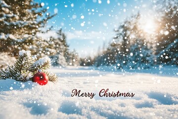 Wall Mural - the image is a close-up of a snow-covered evergreen branch with a red christmas ornament hanging fro