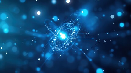 Poster - Abstract blue particle background with glowing circles and light effects.