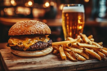 Wall Mural - Cheeseburger and French Fries on Cutting Board