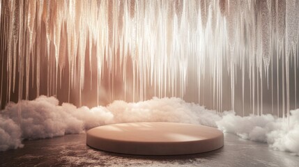 Fototapete - A circular platform floats above a mist of clouds, illuminated by gently cascading icicles that create a tranquil atmosphere. The warm glow enhances the ethereal beauty of the scene.