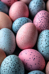 Poster - Colorful speckled eggs in pastel shades arranged closely together, creating a festive and vibrant visual perfect for spring celebrations.