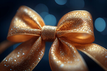 Poster - A shimmering orange bow with sparkles, set against a blurred blue background, evokes a festive and celebratory atmosphere.