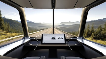 Explore the future of driving with a high-tech electric truck interior against stunning mountain landscapes