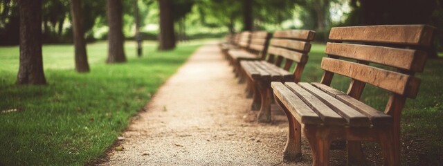 Uniform wooden benches aligned in a serene park setting, inviting visitors to relax and enjoy the surrounding nature