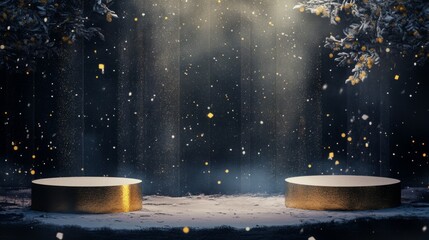 Leinwandbilder - Two golden round podiums sit in a snowy forest. The podiums are illuminated by a bright light that shines through the trees.