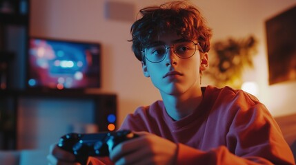 A young gamer immersed in a video game during an evening at home with colorful lighting and a TV in the background