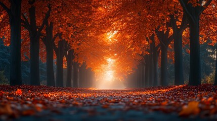 Poster - A peaceful path is surrounded by trees adorned in brilliant orange and red leaves, illuminated by warm light during a calm autumn evening.