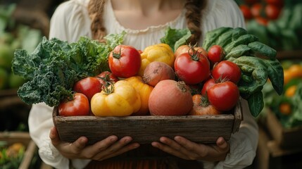 Wall Mural - Woman Holding Freshly Harvested Vegetables in Crate for Organic Farming Promotion