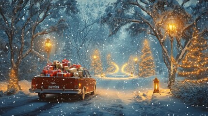 Poster - A red car with a bed full of Christmas presents is driving down a snowy road lined with snow-covered trees lit with golden Christmas lights.