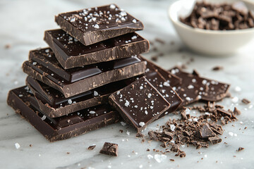 An exquisite display of dark chocolate pieces with a touch of sea salt