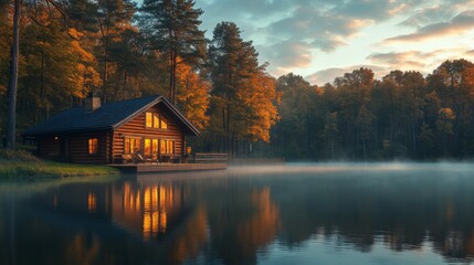 Poster - The serene view features a charming wooden cabin reflecting in calm waters, framed by vibrant autumn foliage under a soft morning light.