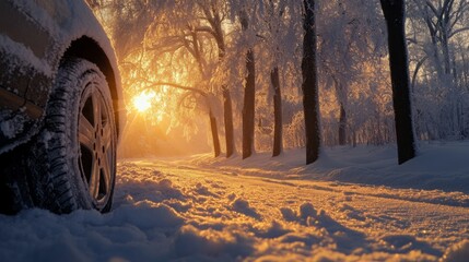 Poster - A serene winter sunset casts a warm glow over a snowy landscape, with a parked car in the foreground and tall trees lining the road. The snow sparkles as the light filters through the branches.