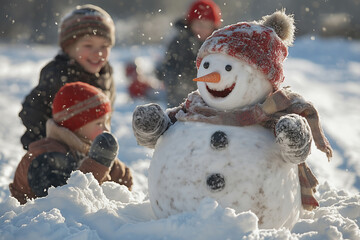 Wall Mural - Children joyfully building a snowman while friends sledding in winter wonderland