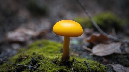 A vibrant yellow mushroom grows on the forest floor.