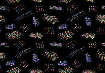 Poster - seamless pattern of colorful naive playful shapes drawing by wax crayon pencil on black background. 