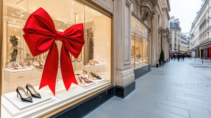 A vibrant red bow adorns an elegant shoe display case on a bustling Paris street, inviting passersby to explore the fashionable offerings