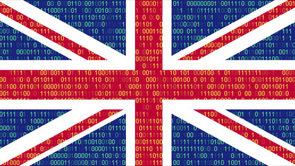 Binary code on flag of United Kingdom. Program source code or Hacker concept on British flag, UK flag, England flag, Great Britain flag. United Kingdom digital technology security, hacking or programm