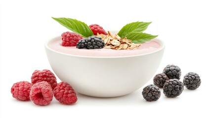 a creamy yogurt bowl topped with raspberries, blackberries, granola, and fresh mint leaves, creating