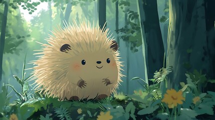 Poster - Cute Hedgehog in a Lush Green Forest.