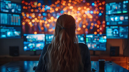 A woman sits in a control room surrounded by multiple glowing data screens, analyzing information in a high-tech environment filled with digital displays