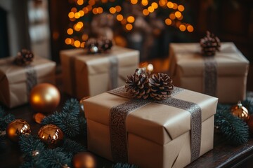 Beautifully wrapped Christmas gifts with natural decorations such as pinecones and festive lighting in the background, creating a cozy and elegant holiday atmosphere.