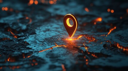 3D location icon on digital map background with glowing light effects. A stylized map marker or pin symbol for global branding or online identity concept. Digital marketing technology concept.