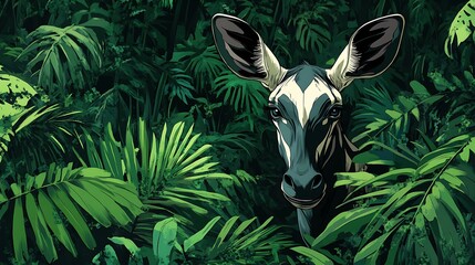 Canvas Print - Okapi in the jungle, hidden by lush greenery.