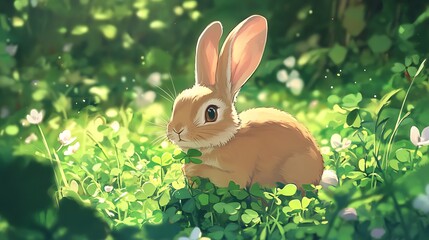 Poster - A Little Rabbit Hiding in the Green Grass.