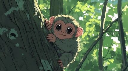 Poster - Curious Little Monkey Hanging on a Tree Branch in the Forest.