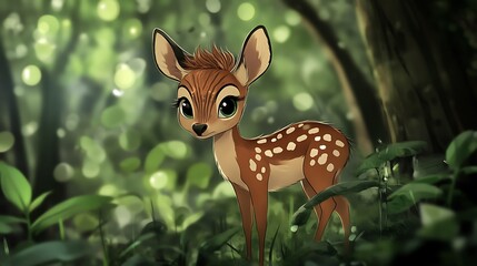 Poster - Adorable Cartoon Deer in a Lush Forest.