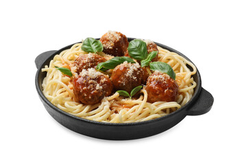 Wall Mural - Delicious pasta with meatballs isolated on white