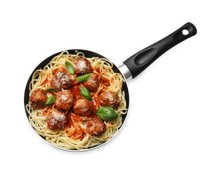 Poster - Delicious pasta with meatballs in frying pan isolated on white, top view