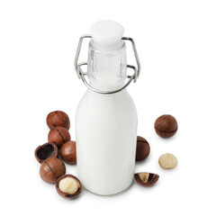 Poster - Bottle of macadamia milk and nuts isolated on white