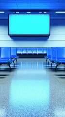 A vibrant day at the empty airport terminal featuring a glowing blue billboard amidst modern architecture