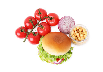 Wall Mural - Delicious vegetarian burger with chickpea cutlet and ingredients isolated on white, top view