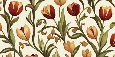 Sticker - Beautiful floral pattern featuring vibrant tulips in red, yellow and orange hues. This design adds a charming touch to any project. Ideal for wallpaper, fabric, or crafts. AI