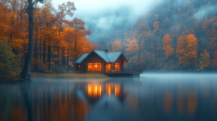 Poster - The tranquil lake holds a charming cabin nestled among vibrant autumn trees, their leaves glowing in the soft evening light, creating a serene atmosphere.