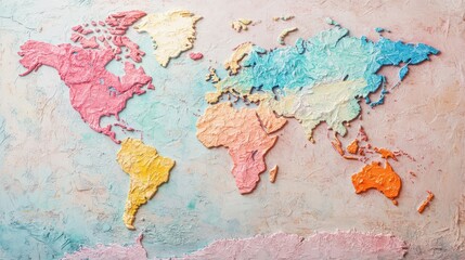 Colorful textured world map art in pastel hues on a wall