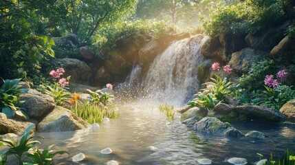 Crystal clear mountain spring flowing through lush green forest , Nature, water, fresh, clean, pure, stream, waterfall