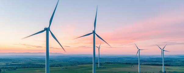 Wind turbines against a colorful sunset sky.