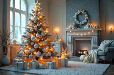 large bright christmas tree in light interior by the fireplace