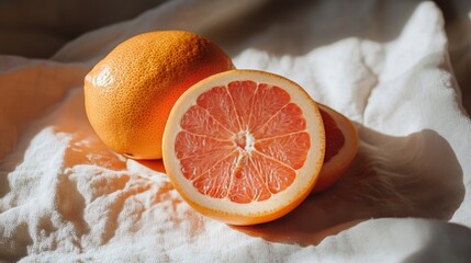 Wall Mural - Freshly cut yellow grapefruit halves resting on a natural fabric background in warm sunlight